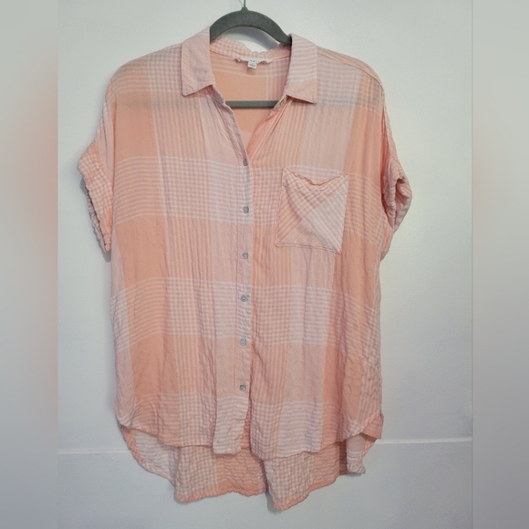 Jane + Delancey Rolled Cuff High-low Checked Blouse in Peach Size Small - Picture 1 of 9